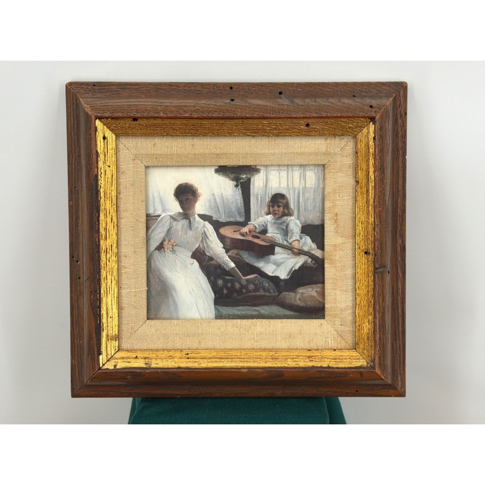Vintage Framed Art Print Idle Hours Julian Alden Deep Reclaimed Wood Frame Linen